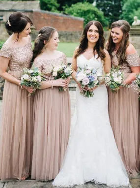 A-Line Off-the-Shoulder Tulle Blush Sequins Bridesmaid Dresses GB370