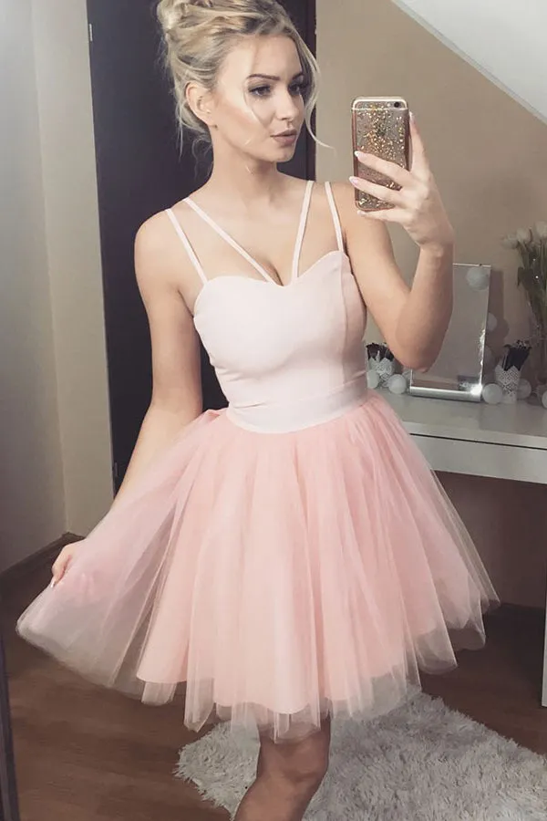 Charming Double Spaghetti Blush Pink Tulle Homecoming Dress OM294