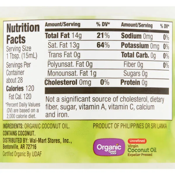 Great Value Organic Unrefined Virgin Coconut Oil, 14 fl oz