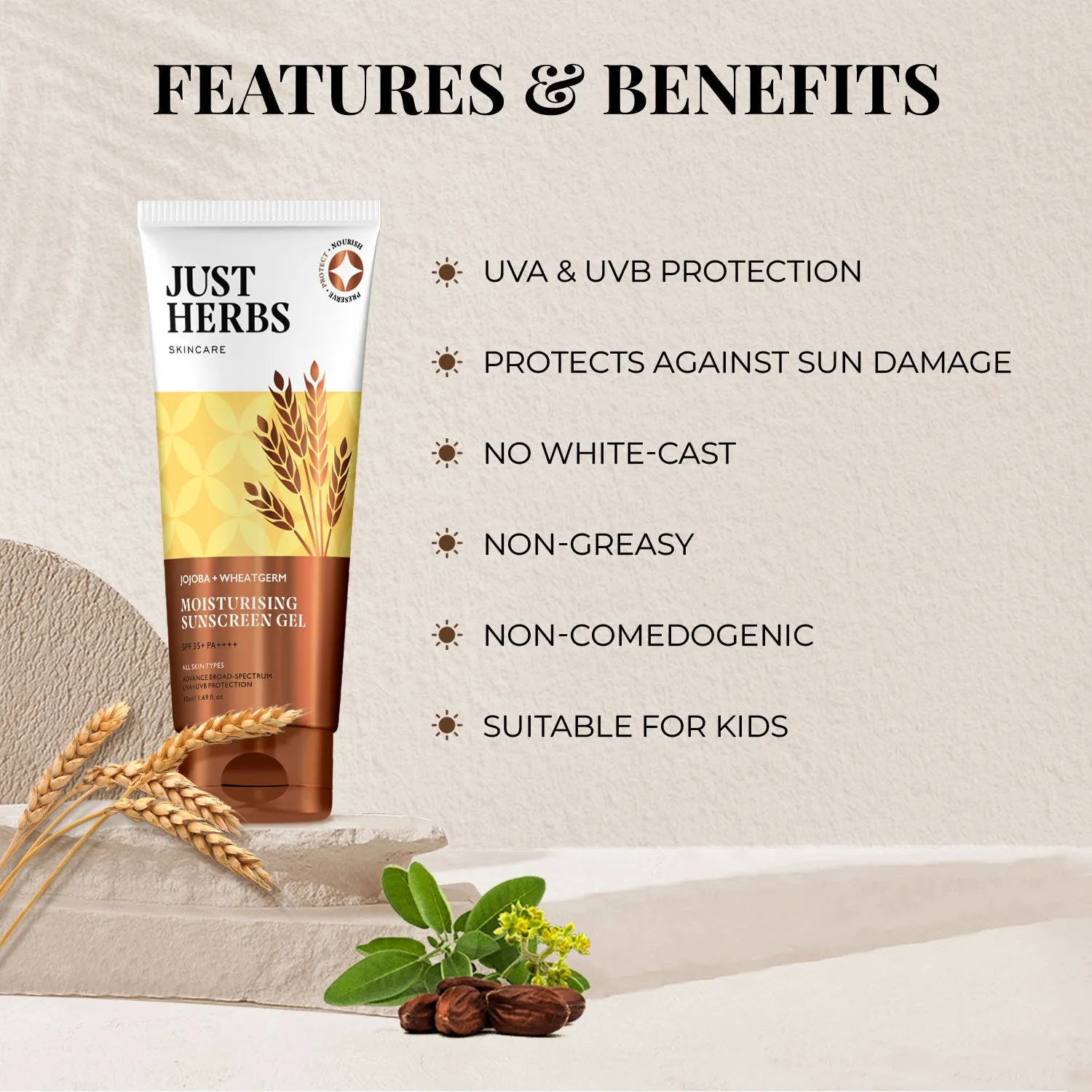 Moisturising Sunscreen Gel with SPF 35  PA     with Jojoba and Wheatgerm